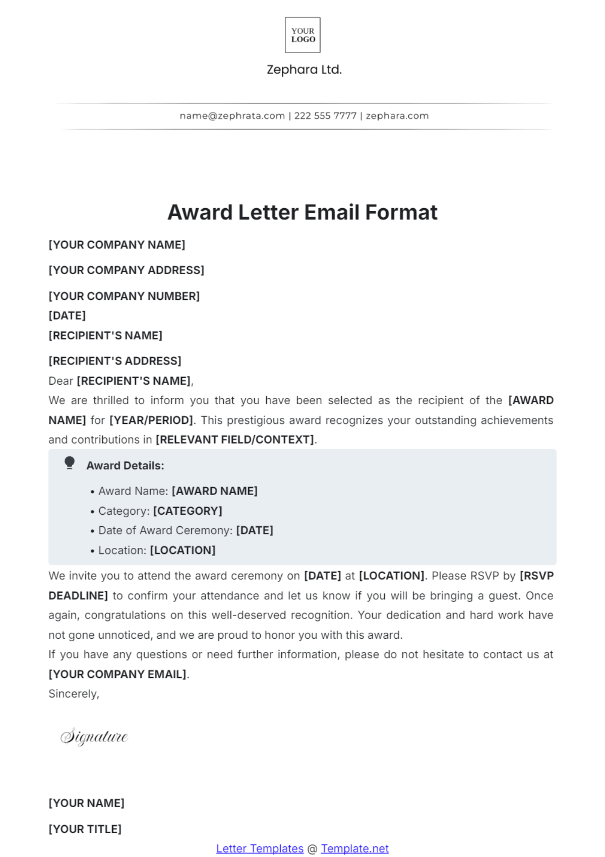 Award Letter Email Format Template