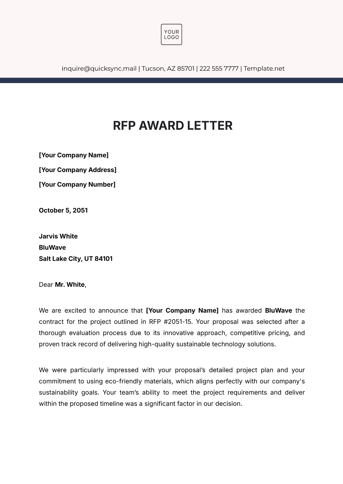 RFP Award Letter Template - Edit Online & Download