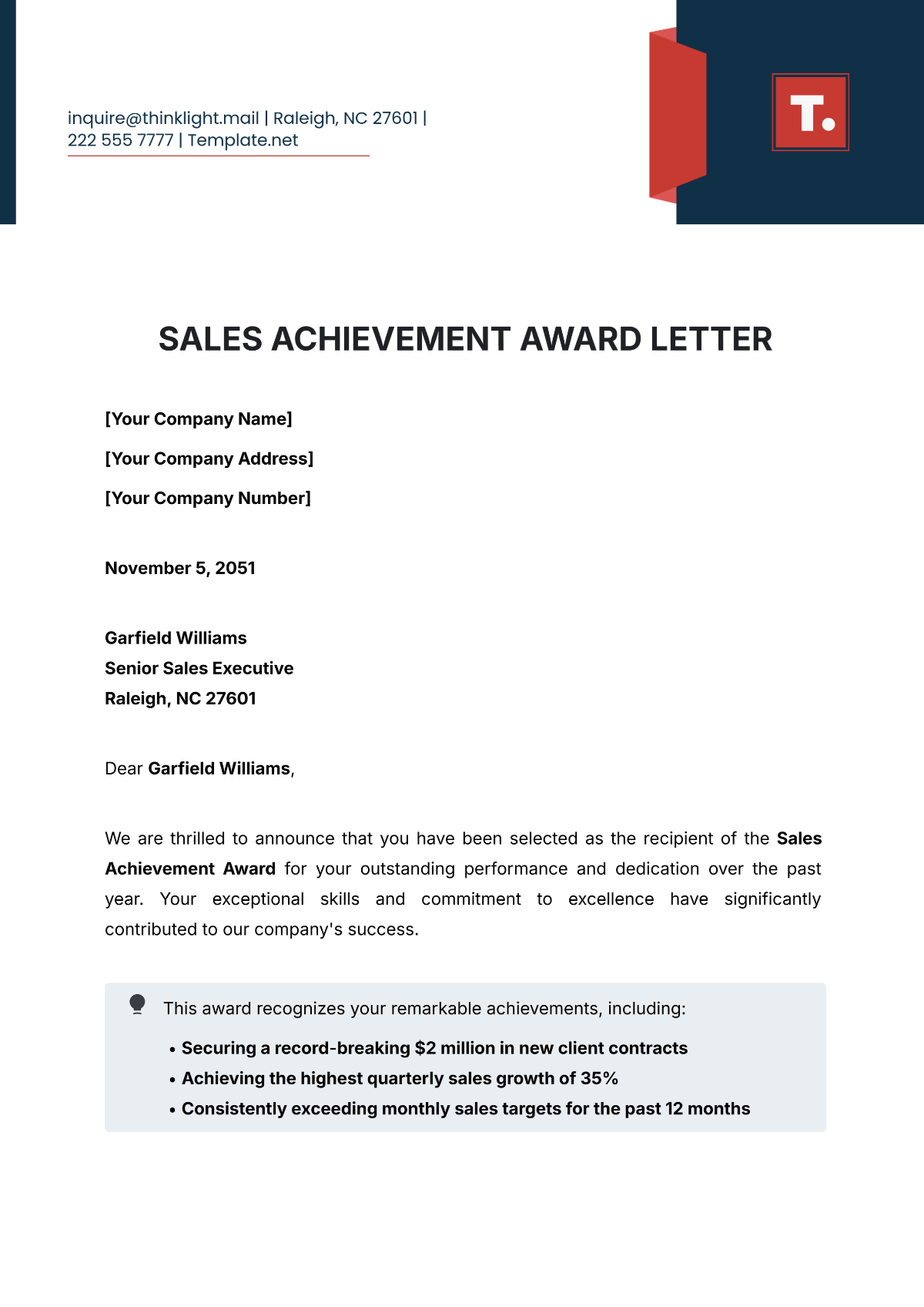 Sales Achievement Award Letter Template - Edit Online & Download