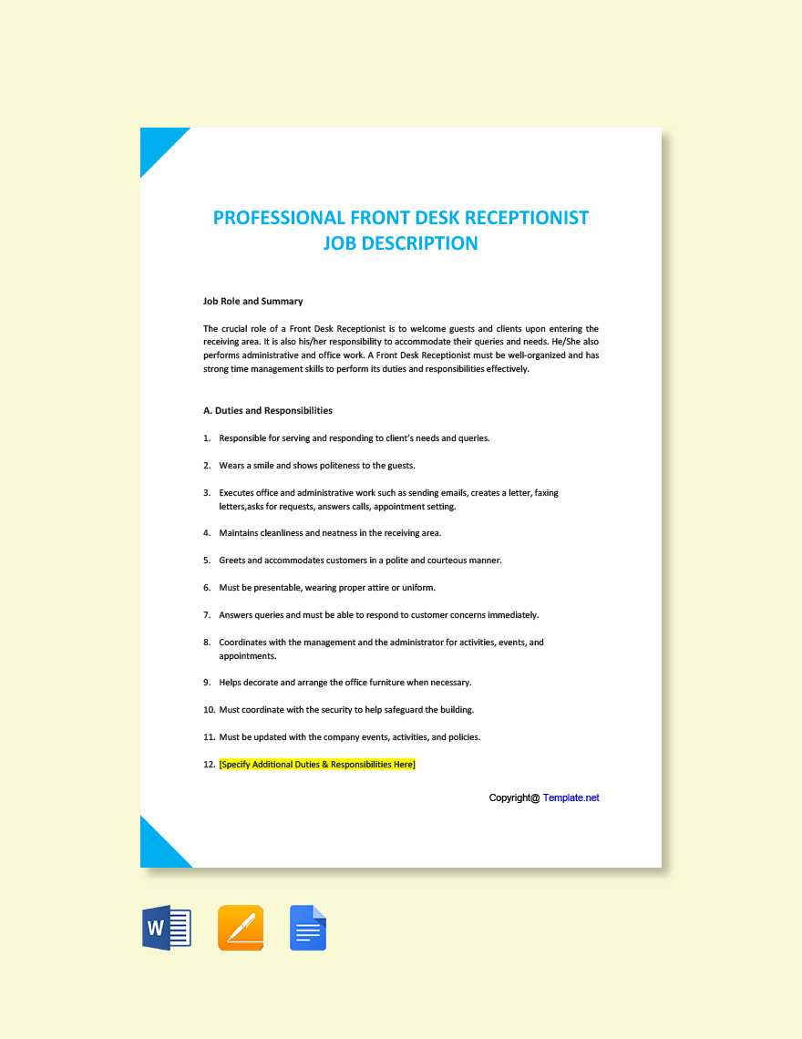 Professional Ad Templates Design Free Download Template Net   Professional Front Desk Receptionist Job Description 1 