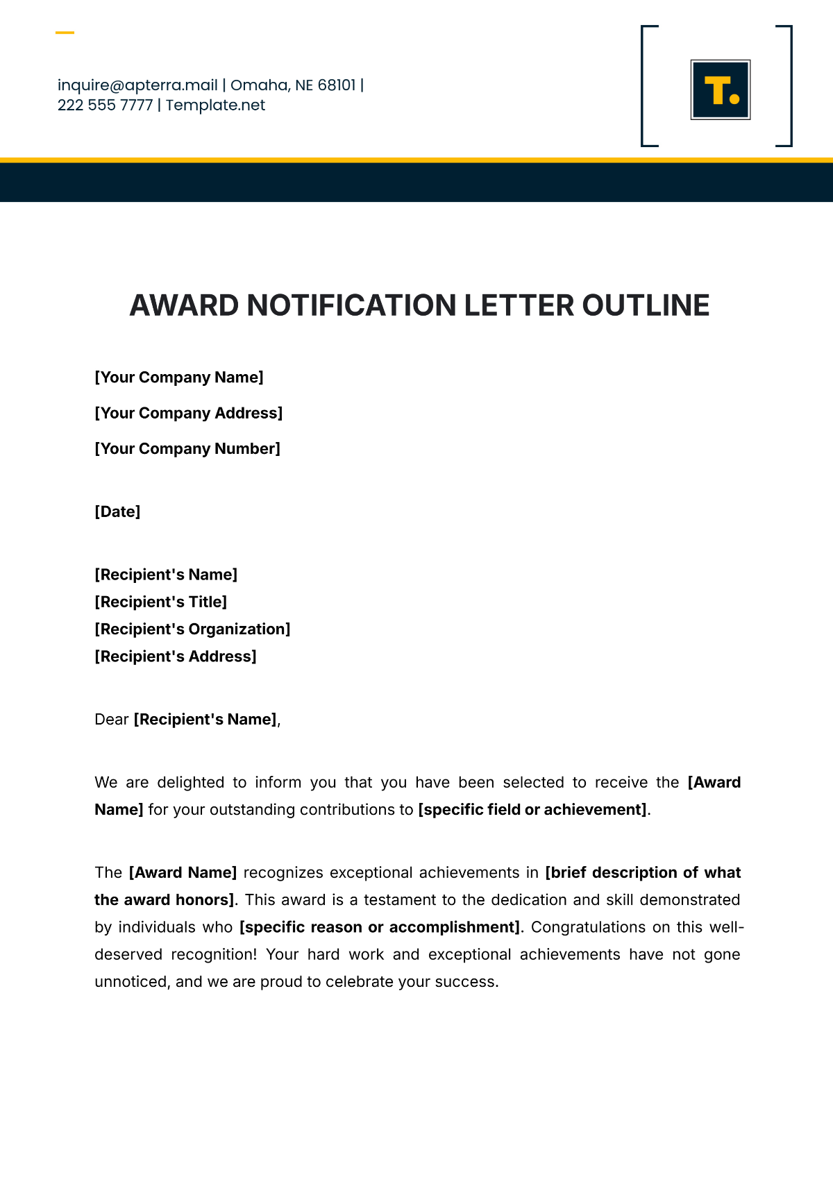 Award Notification Letter Outline Template - Edit Online & Download