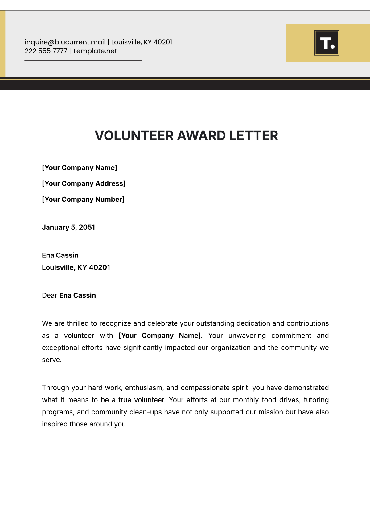 Volunteer Award Letter Template - Edit Online & Download