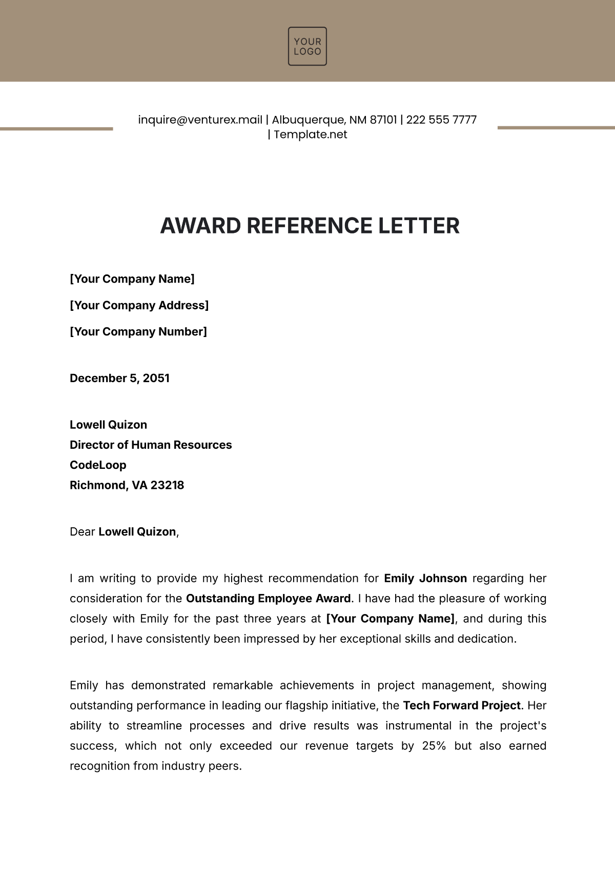 Award Reference Letter Template - Edit Online & Download