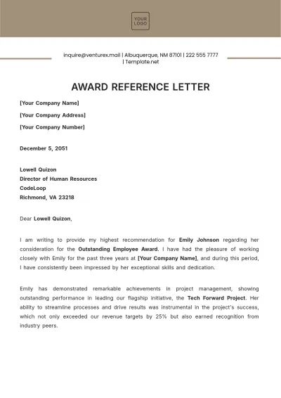 Free Award Reference Letter Template to Edit Online