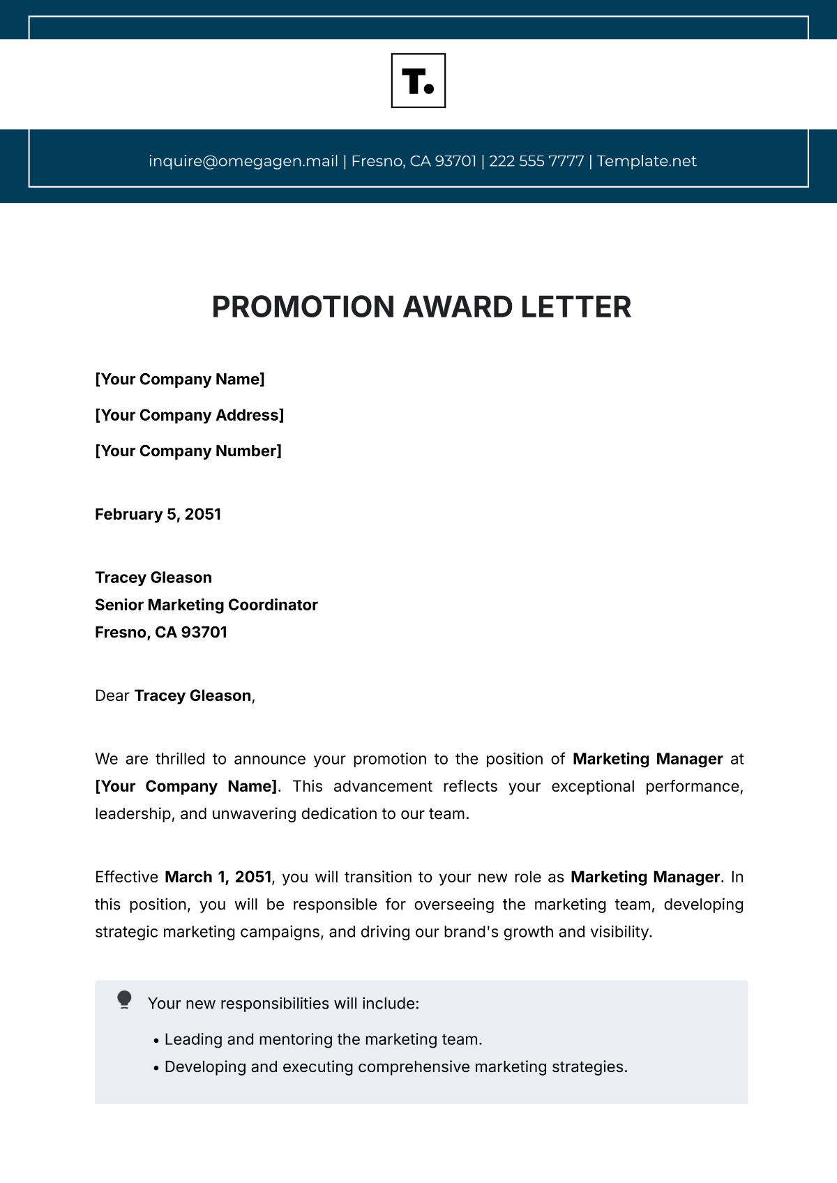 Promotion Award Letter Template - Edit Online & Download