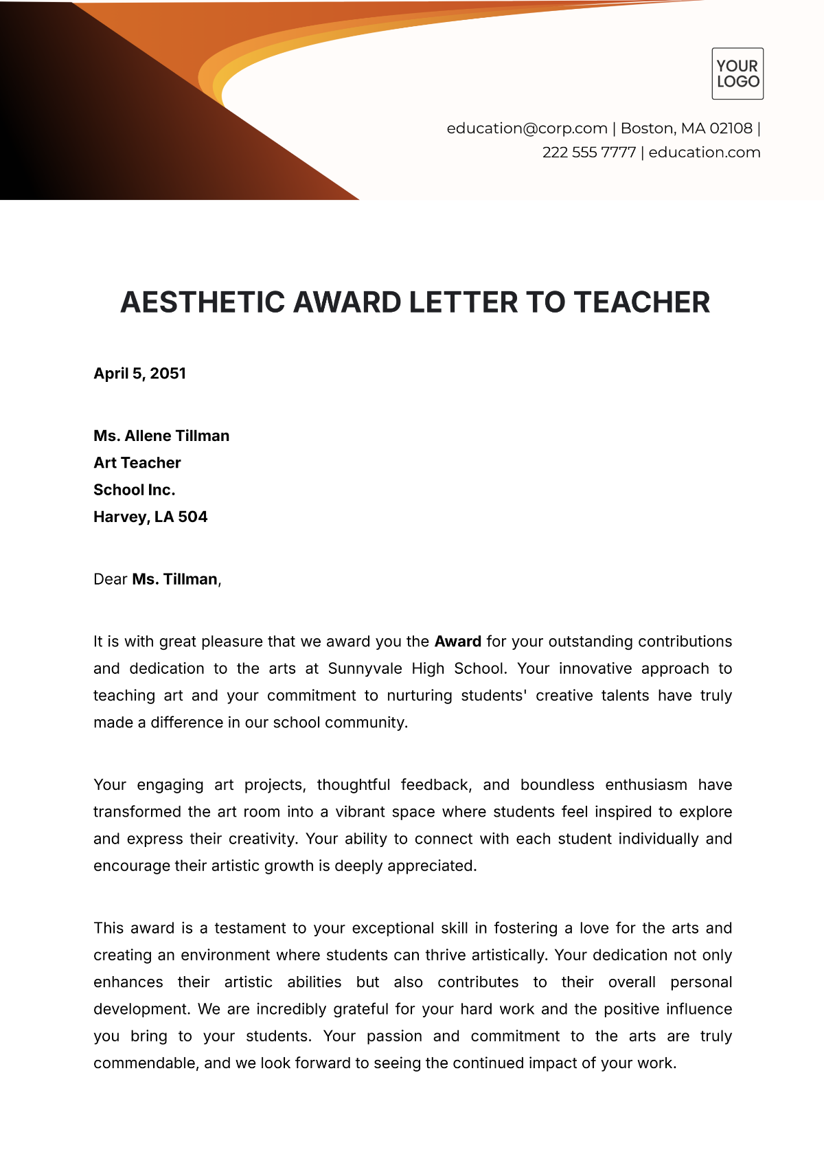 Aesthetic Award Letter to Teacher Template - Edit Online & Download