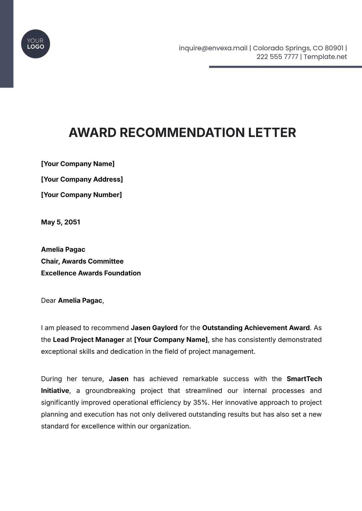 Award Recommendation Letter Template - Edit Online & Download