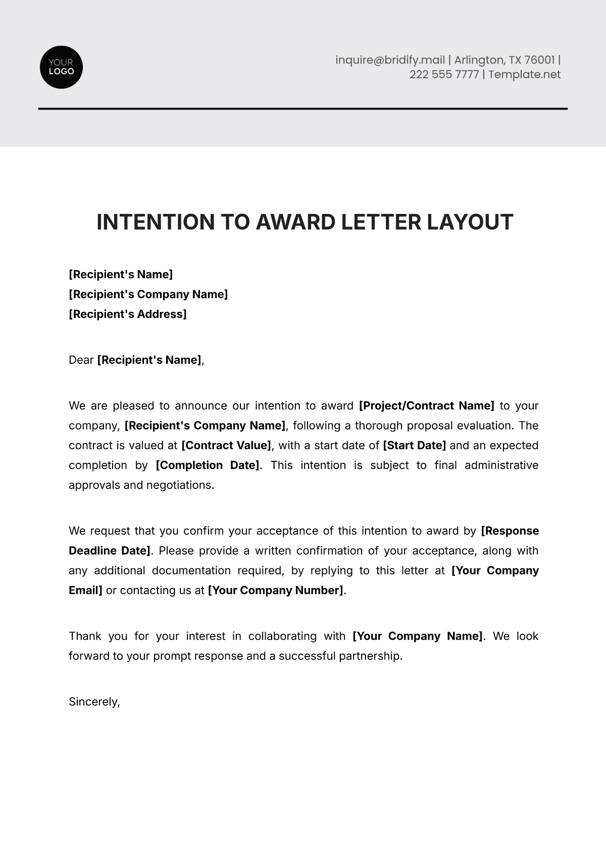 Intention to Award Letter Layout Template - Edit Online & Download