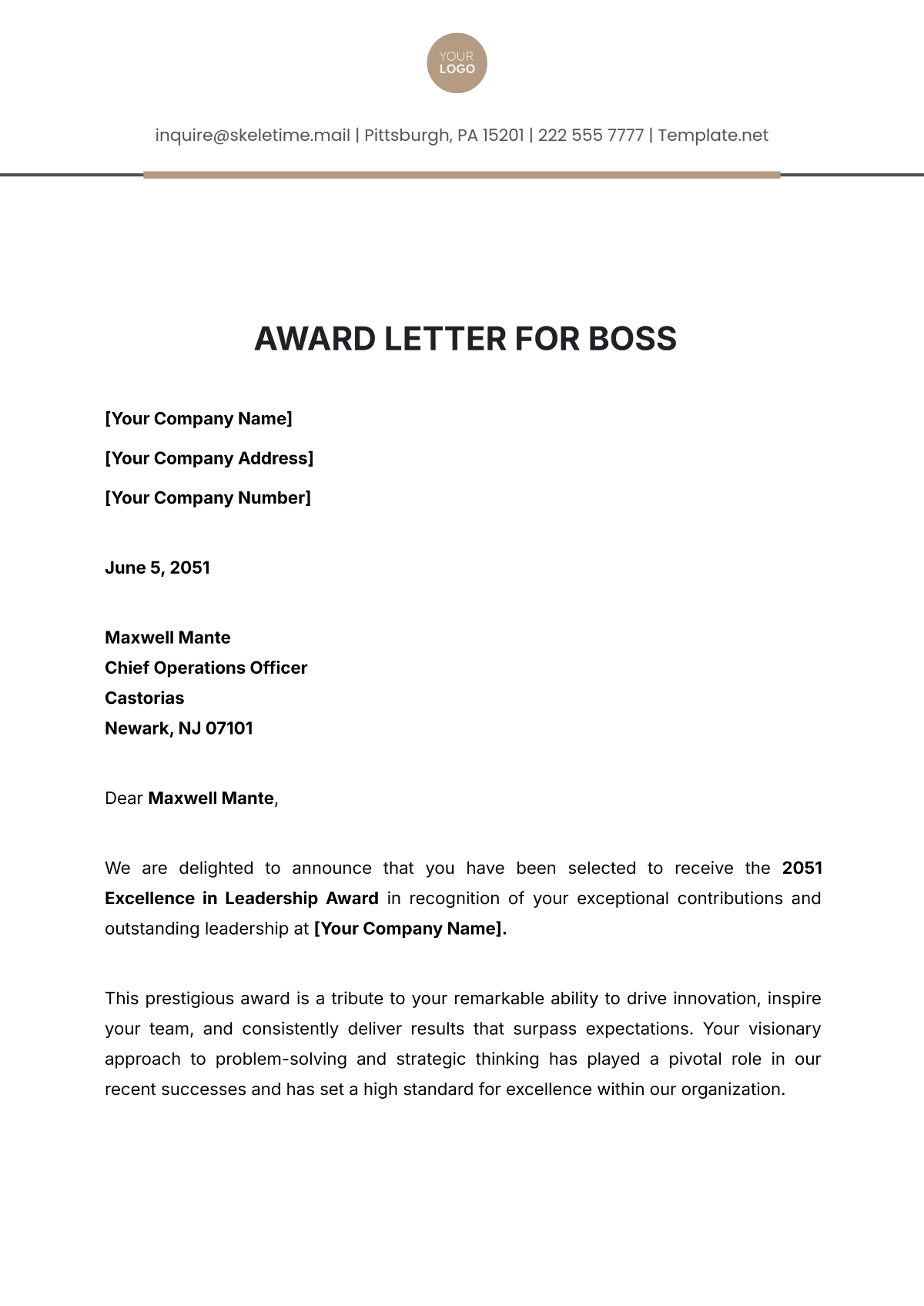 Award Letter for Boss Template - Edit Online & Download