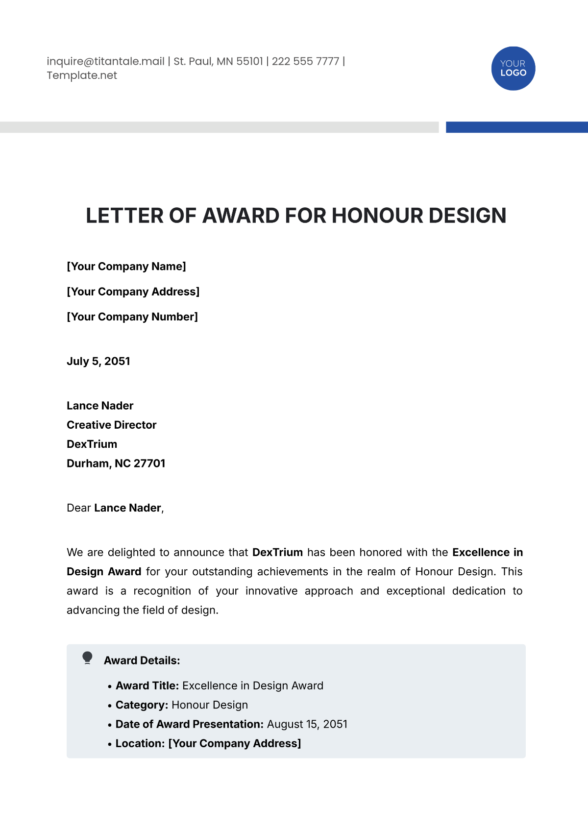 Letter of Award for Honour Design Template - Edit Online & Download