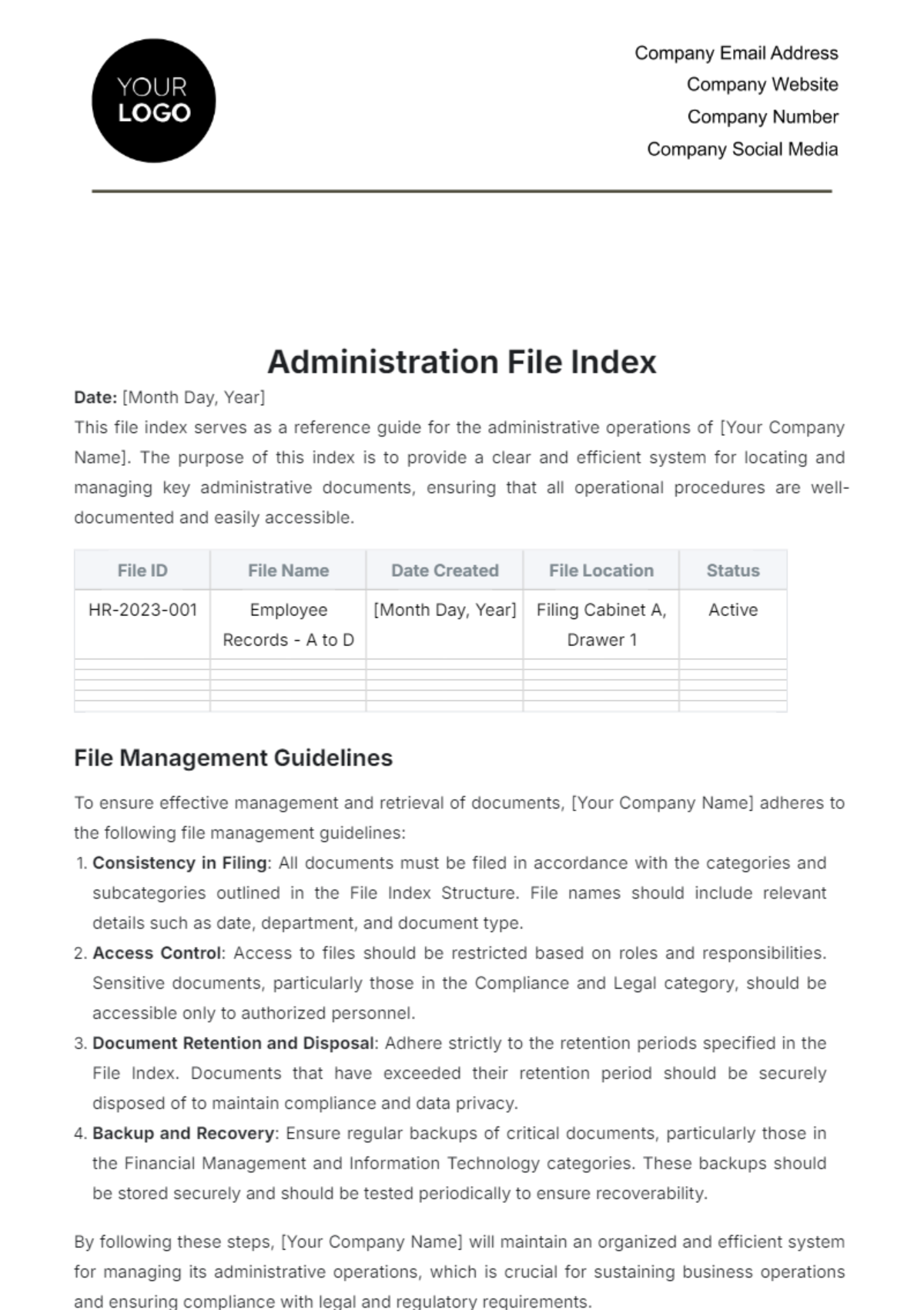 Administration File Index Template - Edit Online & Download