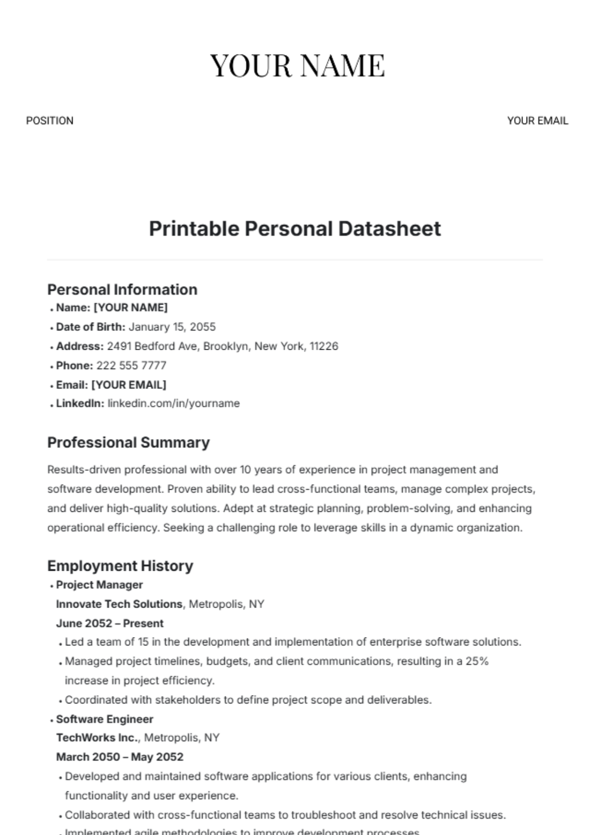 Printable Personal Datasheet Template