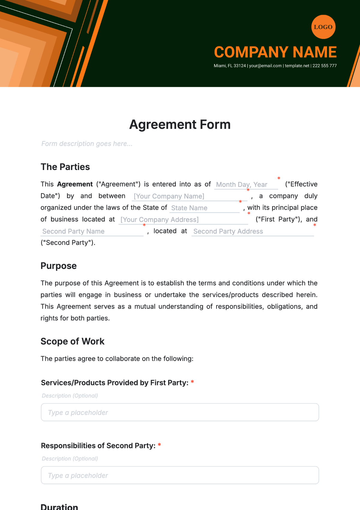 Free Agreement Form Template