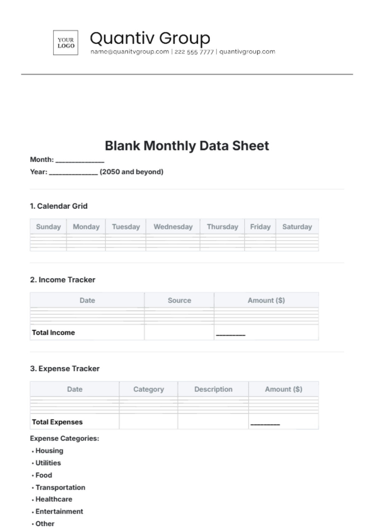 Blank Monthly Datasheet Template