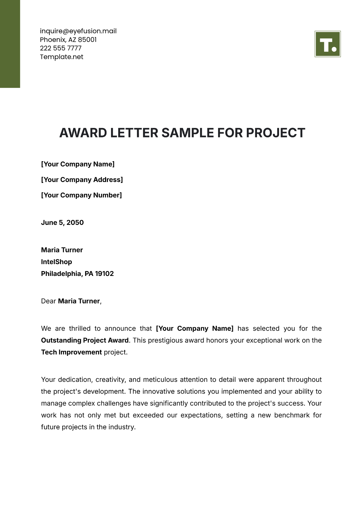 Award Letter Sample for Project Template - Edit Online & Download