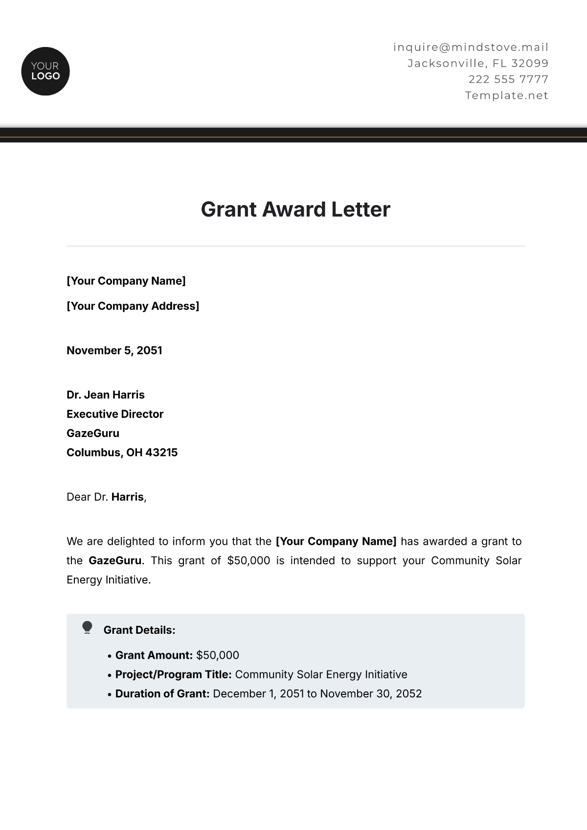 Grant Award Letter Template - Edit Online & Download