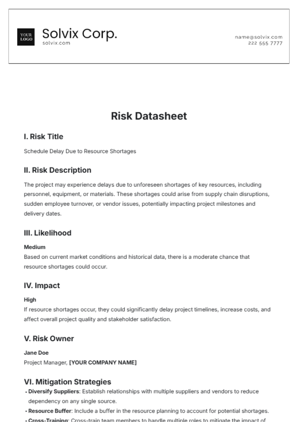 Risk Datasheet Template