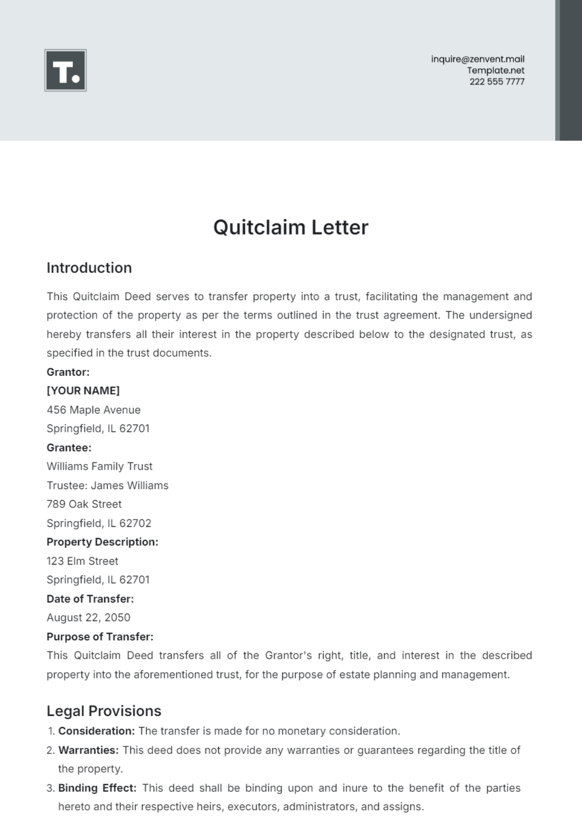 Quitclaim Letter Template - Edit Online & Download