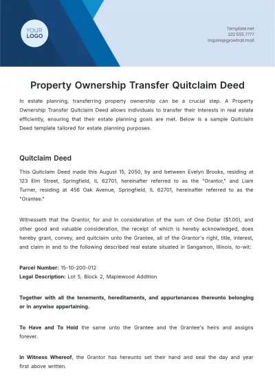 Free Property Ownership Transfer Quitclaim Deed Template to Edit Online