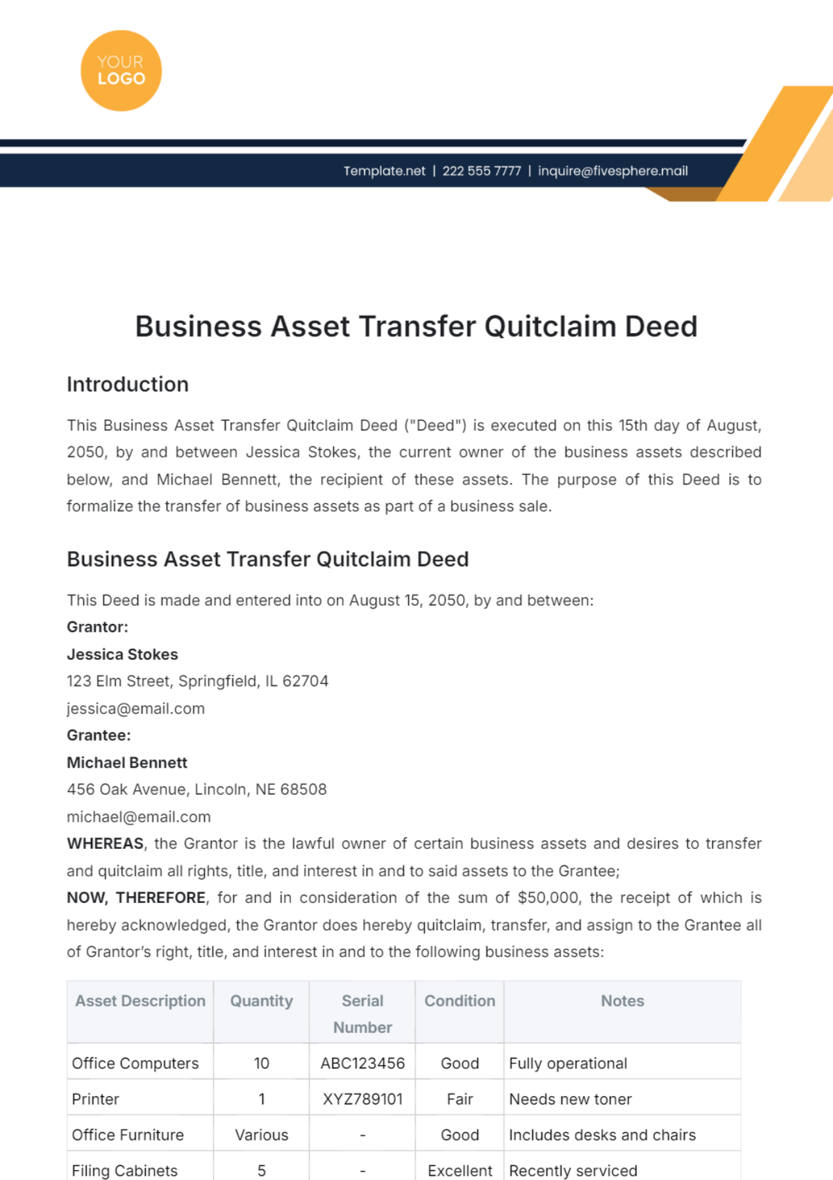 Business Asset Transfer Quitclaim Deed Template - Edit Online & Download