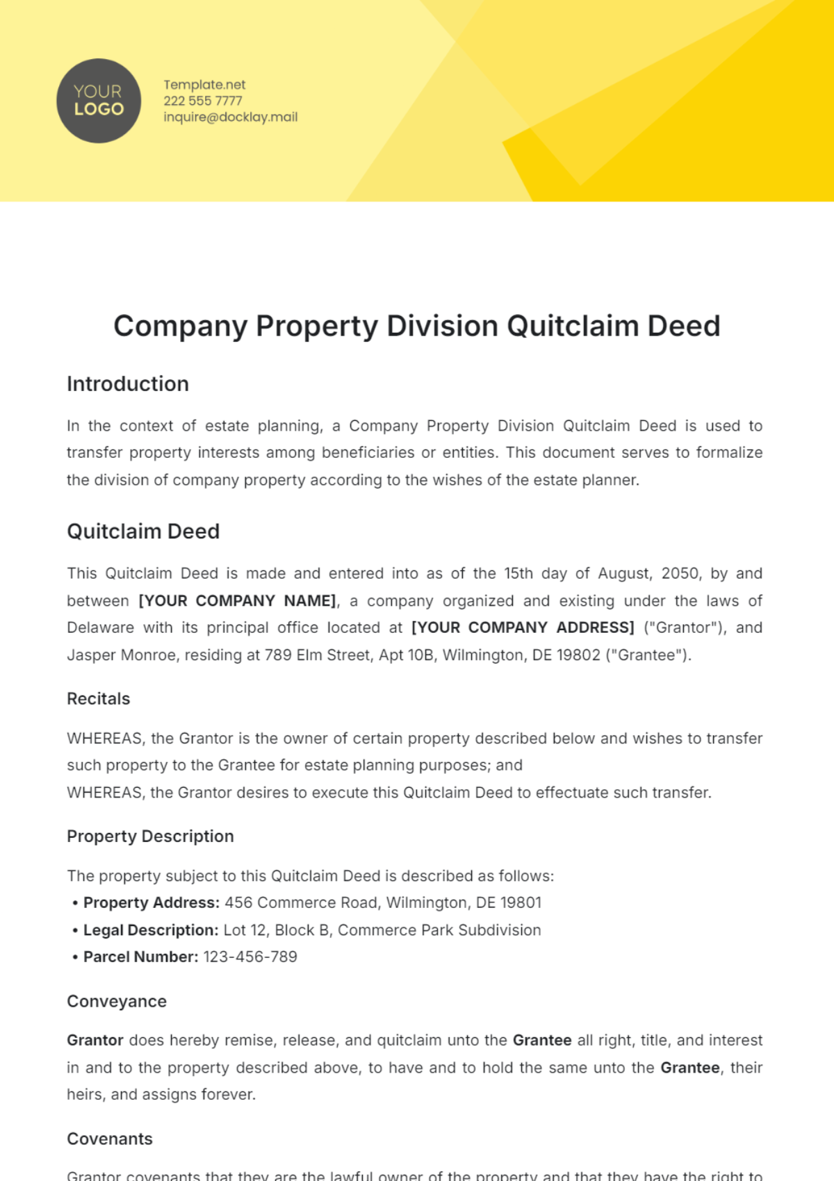 Company Property Division Quitclaim Deed Template - Edit Online & Download