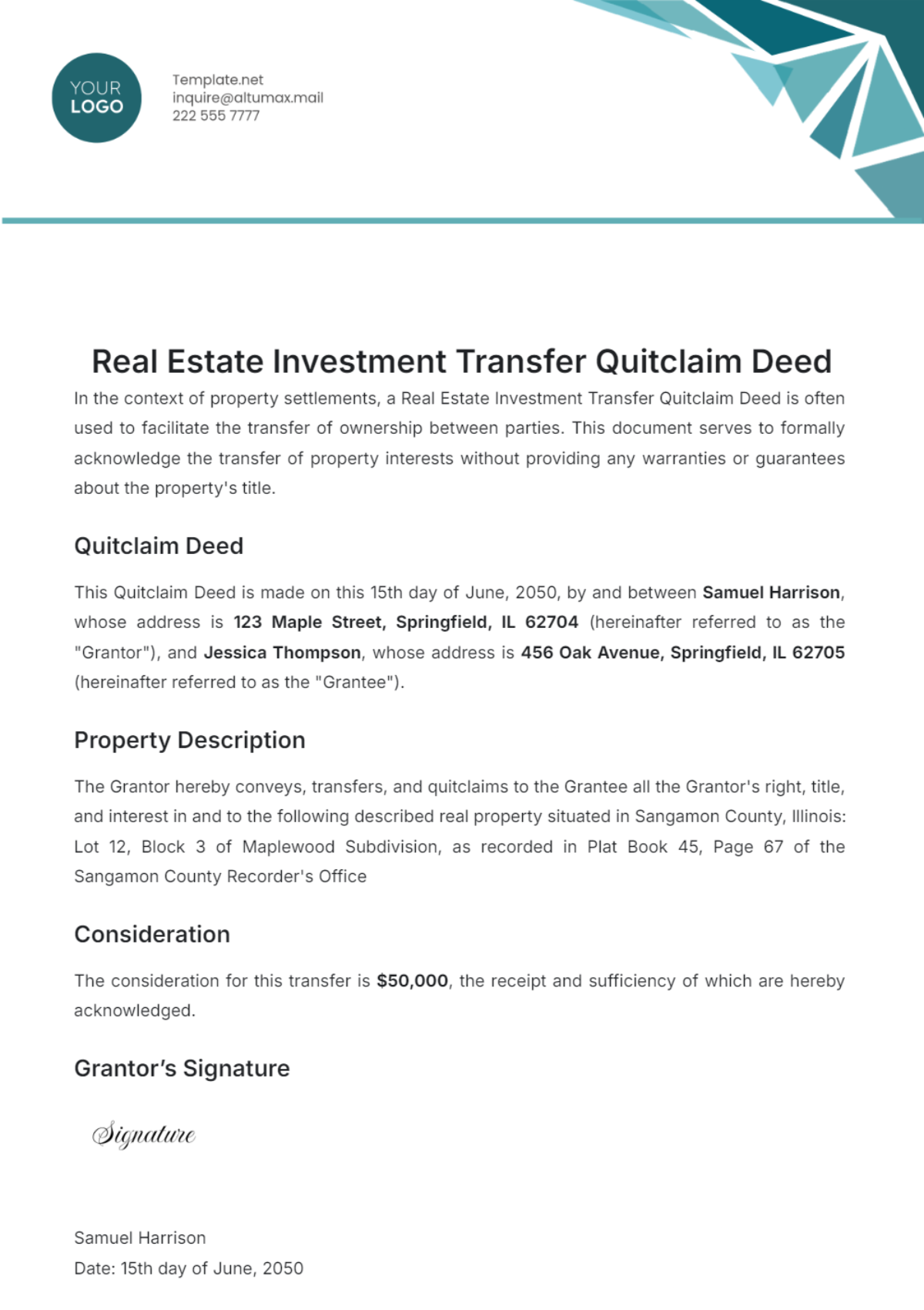 Real Estate Investment Transfer Quitclaim Deed Template - Edit Online & Download