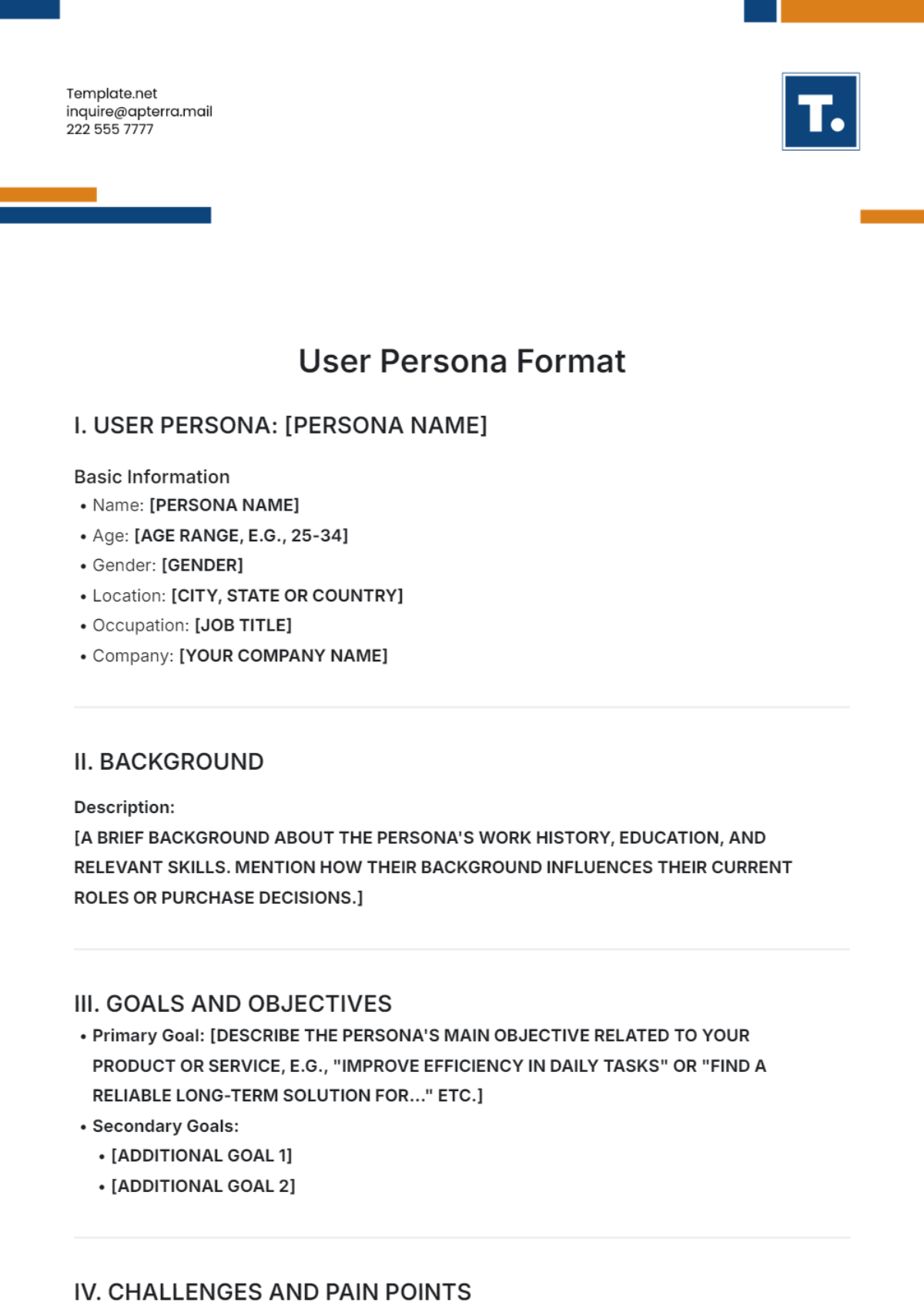 User Persona Format Template - Edit Online & Download