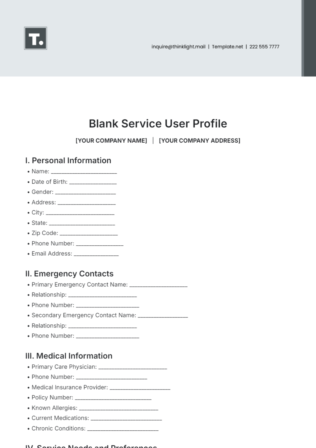 Free Blank Service User Profile Template