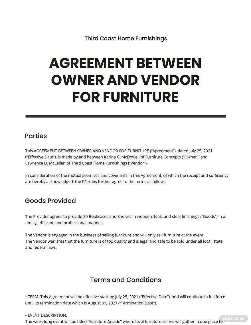 Agreement Between Owner and Vendor for Furniture Template