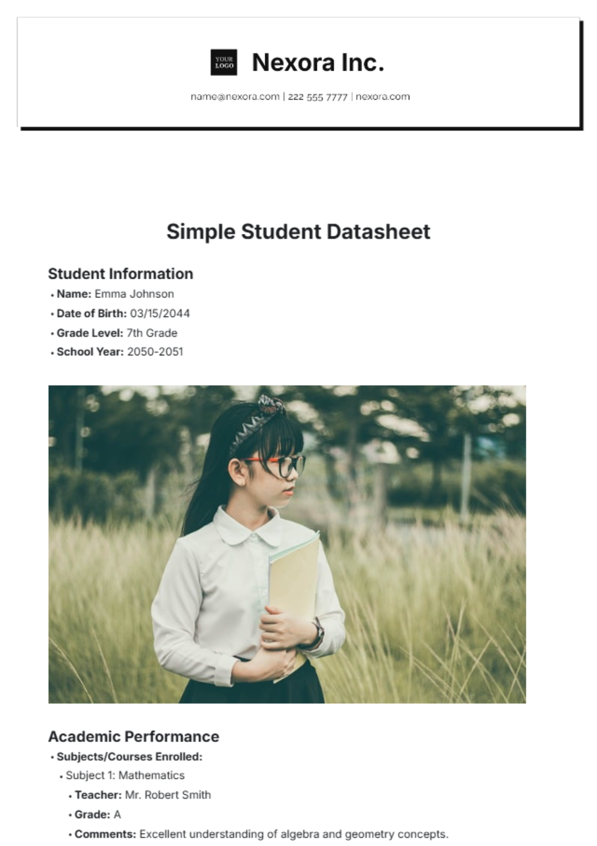 Simple Student Datasheet Template