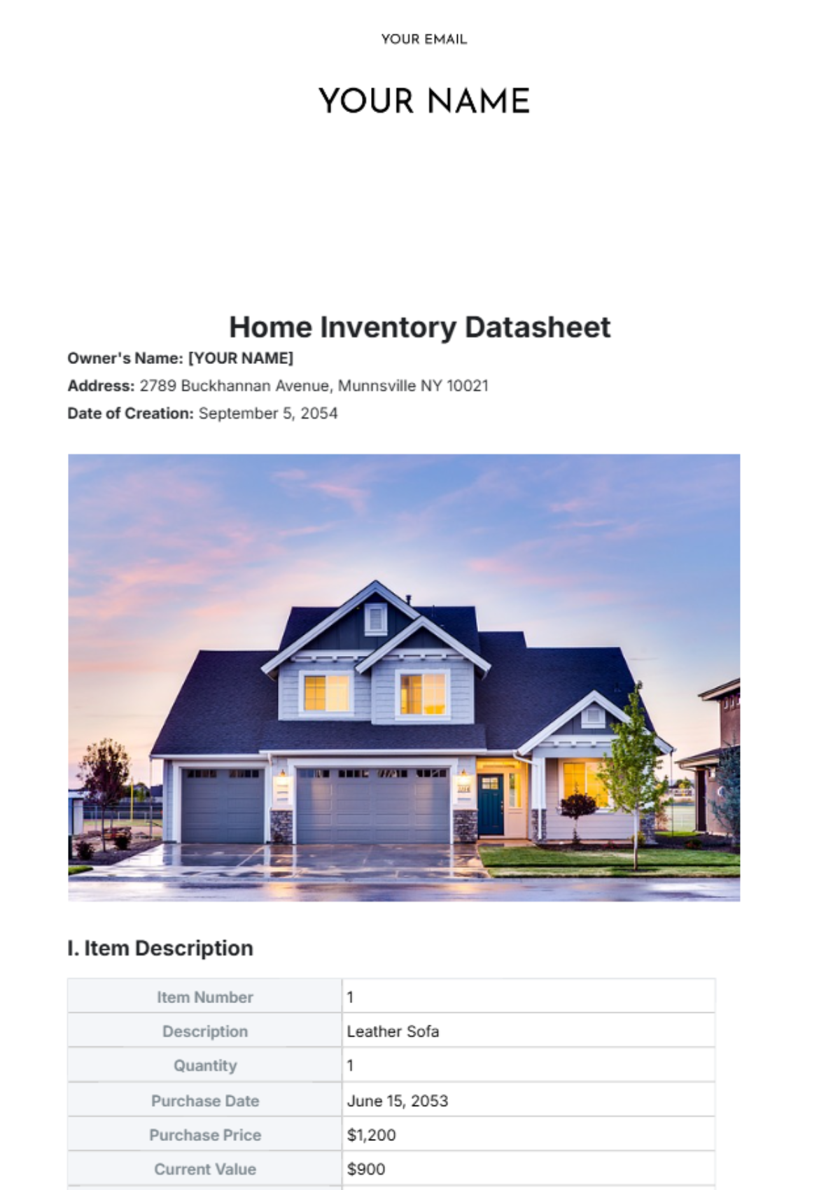 Home Inventory Datasheet Template