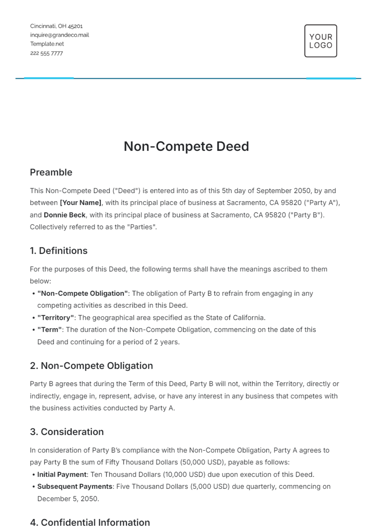 Non-Compete Deed Template