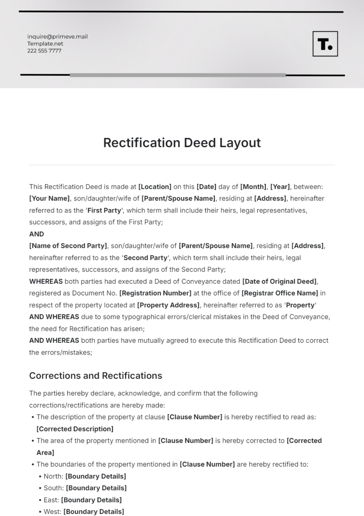 Rectification Deed Layout Template