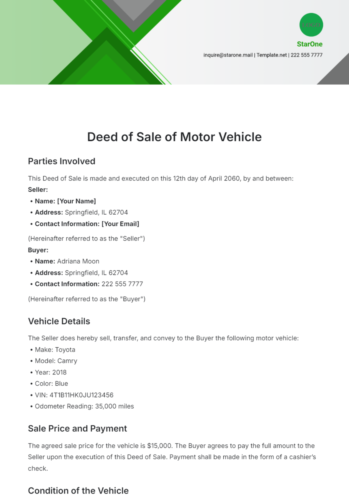 Deed of Sale of Motor Vehicle Template