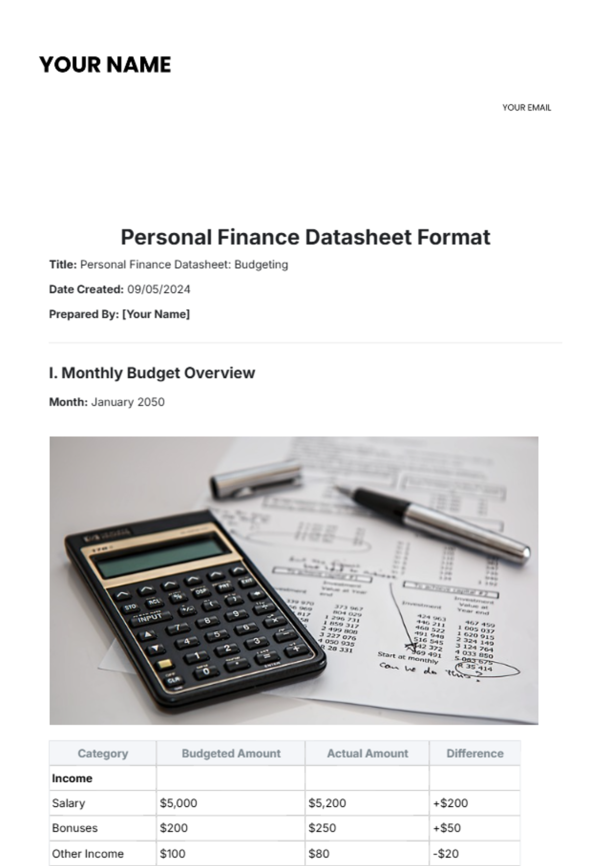 Personal Finance Datasheet Format Template