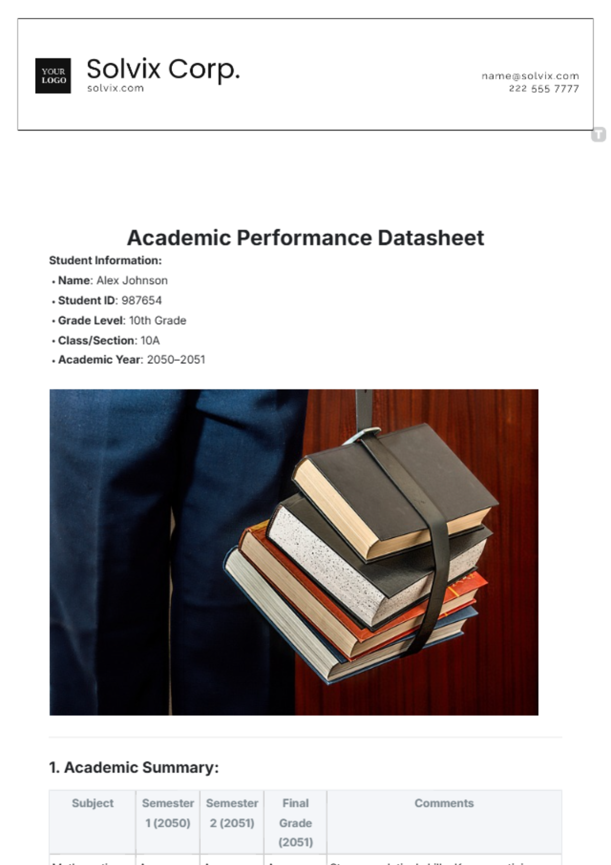 Academic Performance Datasheet Template