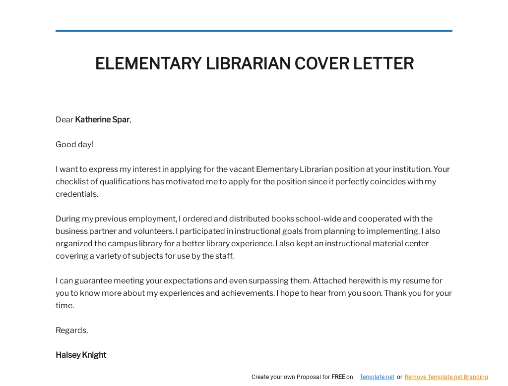 Free Elementary Librarian Cover Letter Template.jpe