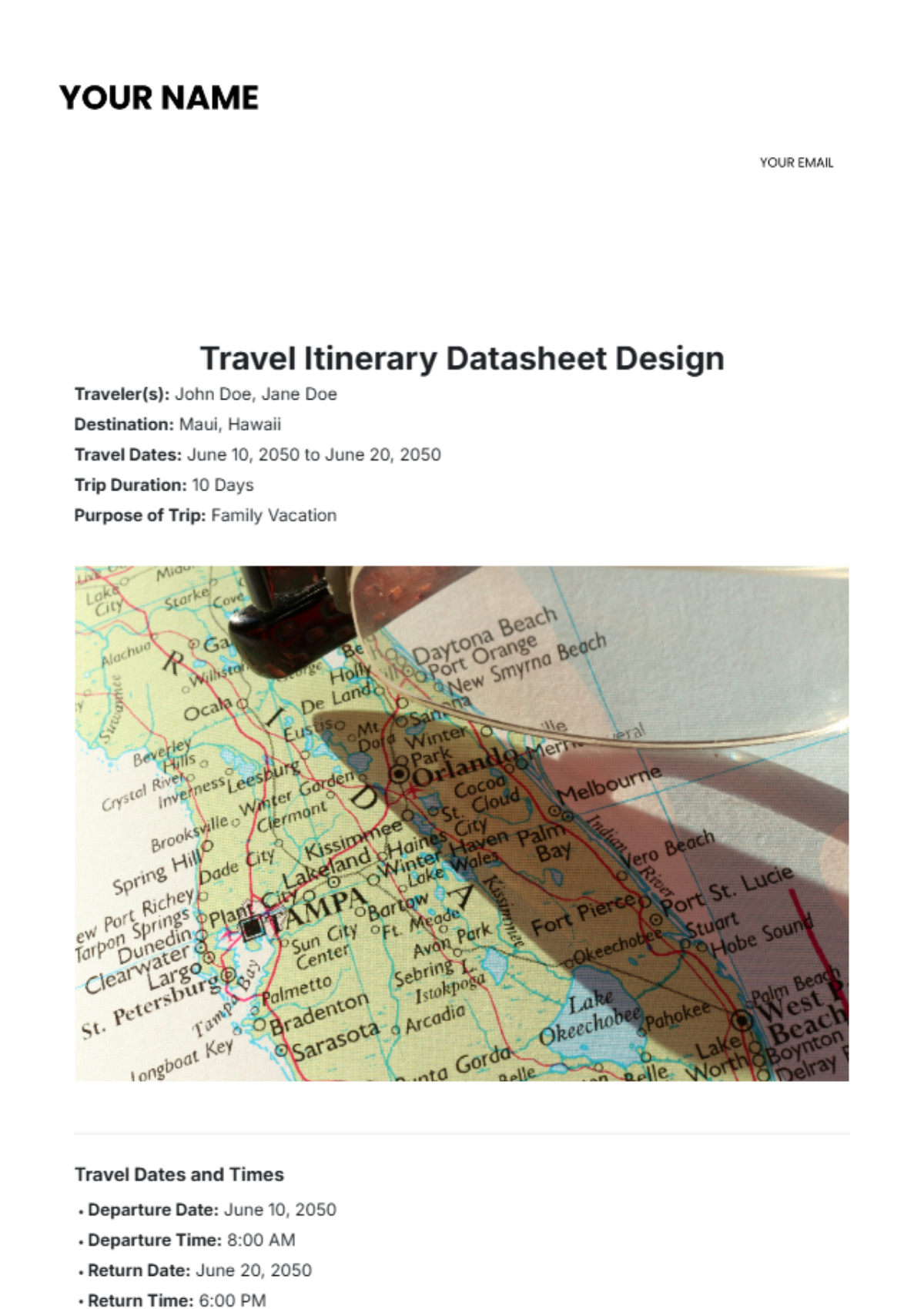 Travel Itinerary Datasheet Design Template