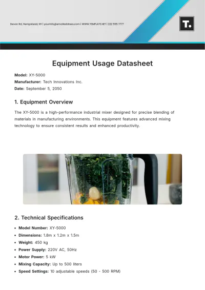 Free Equipment Usage Datasheet Template to Edit Online