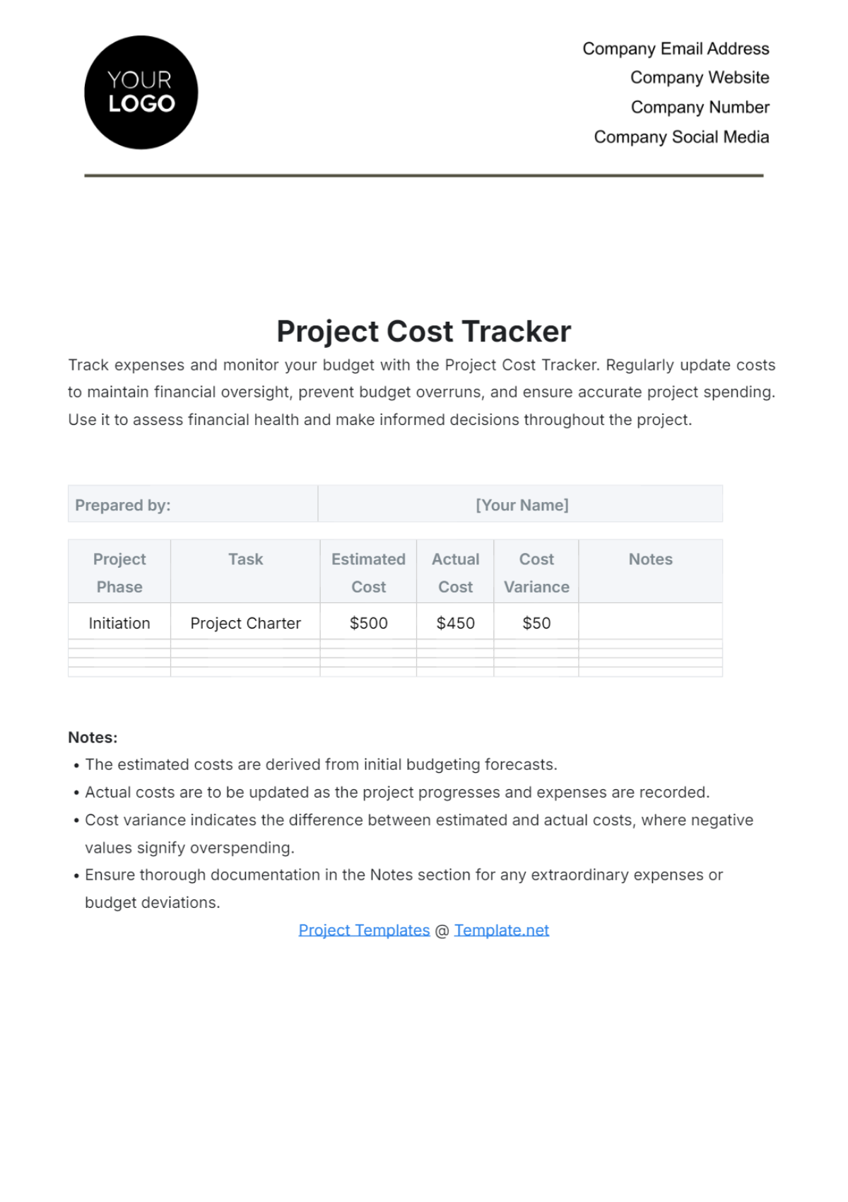 Project Cost Tracker Template