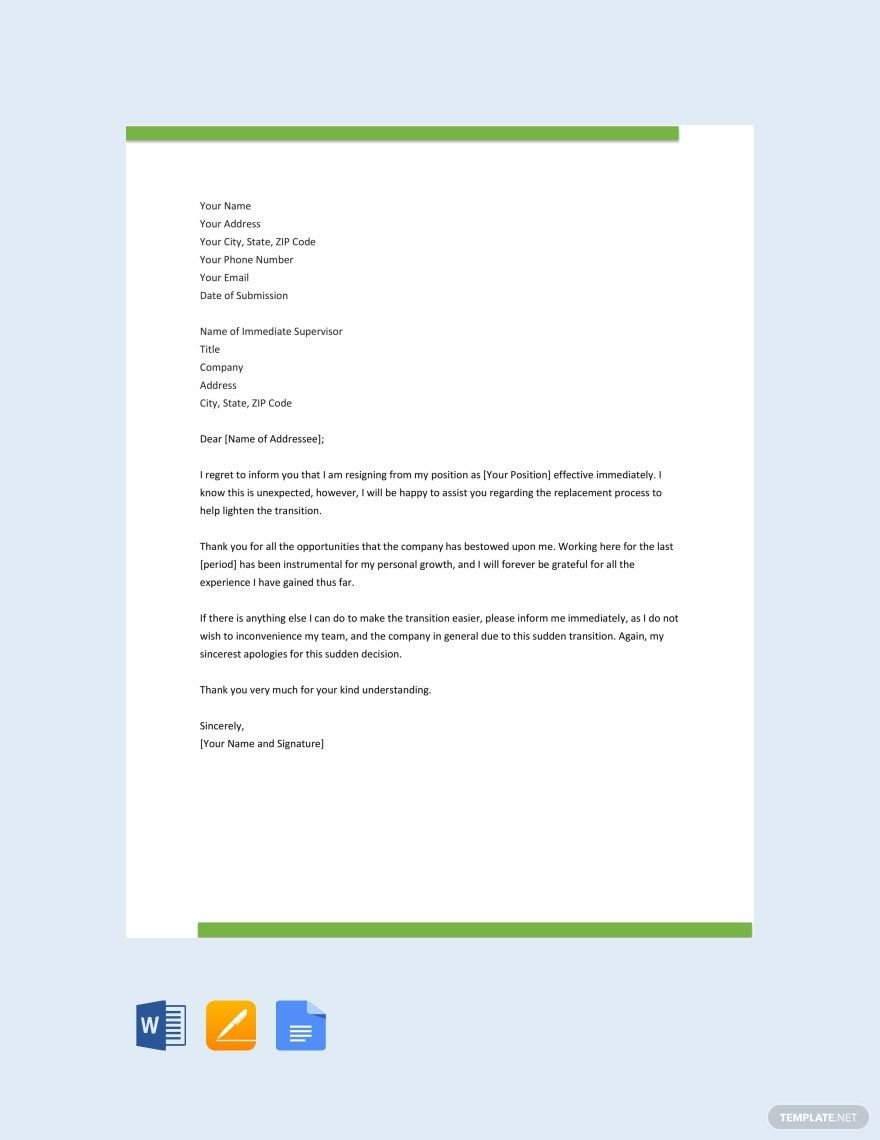 Immediate Resignation Letter in Word, Google Docs, PDF, Apple Pages