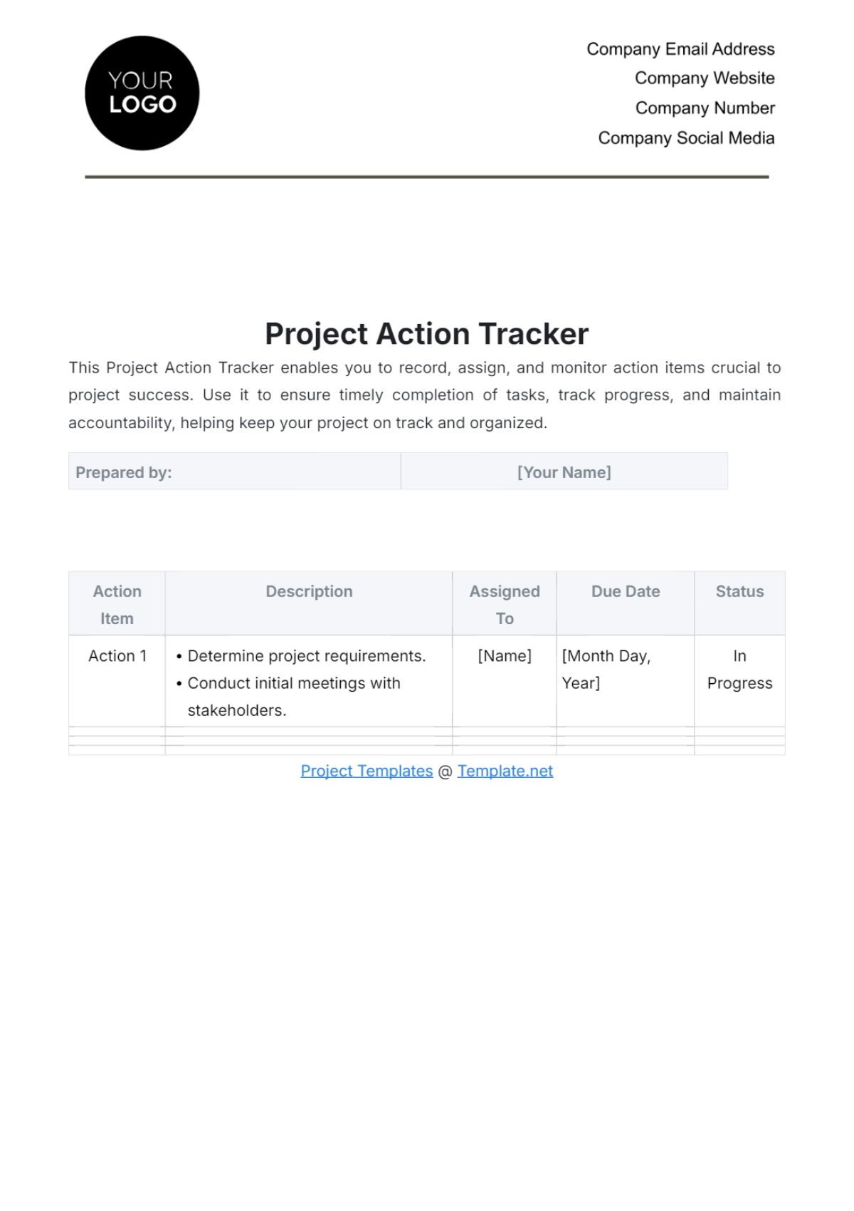 Project Action Tracker Template