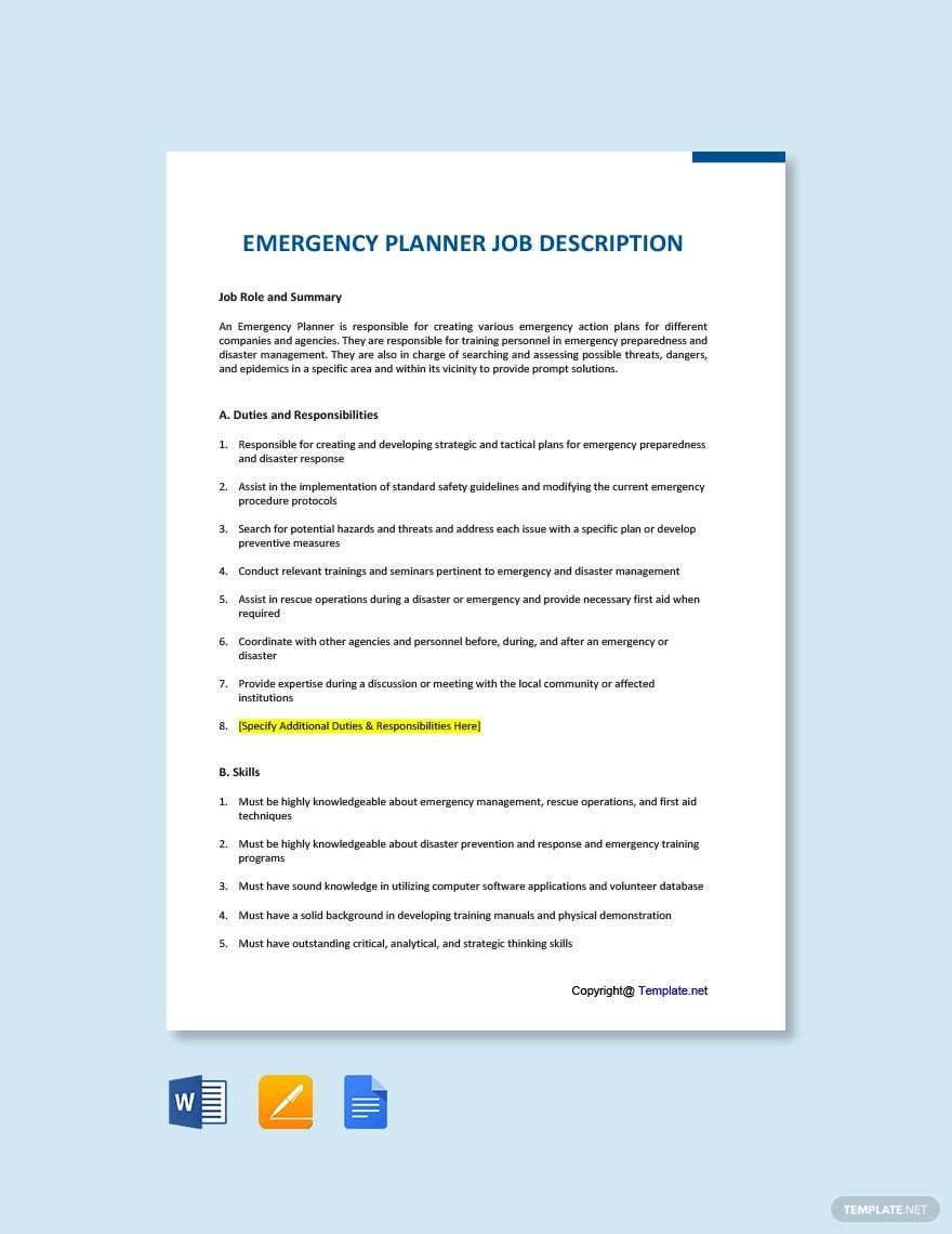 Emergency Planner Job Description Template