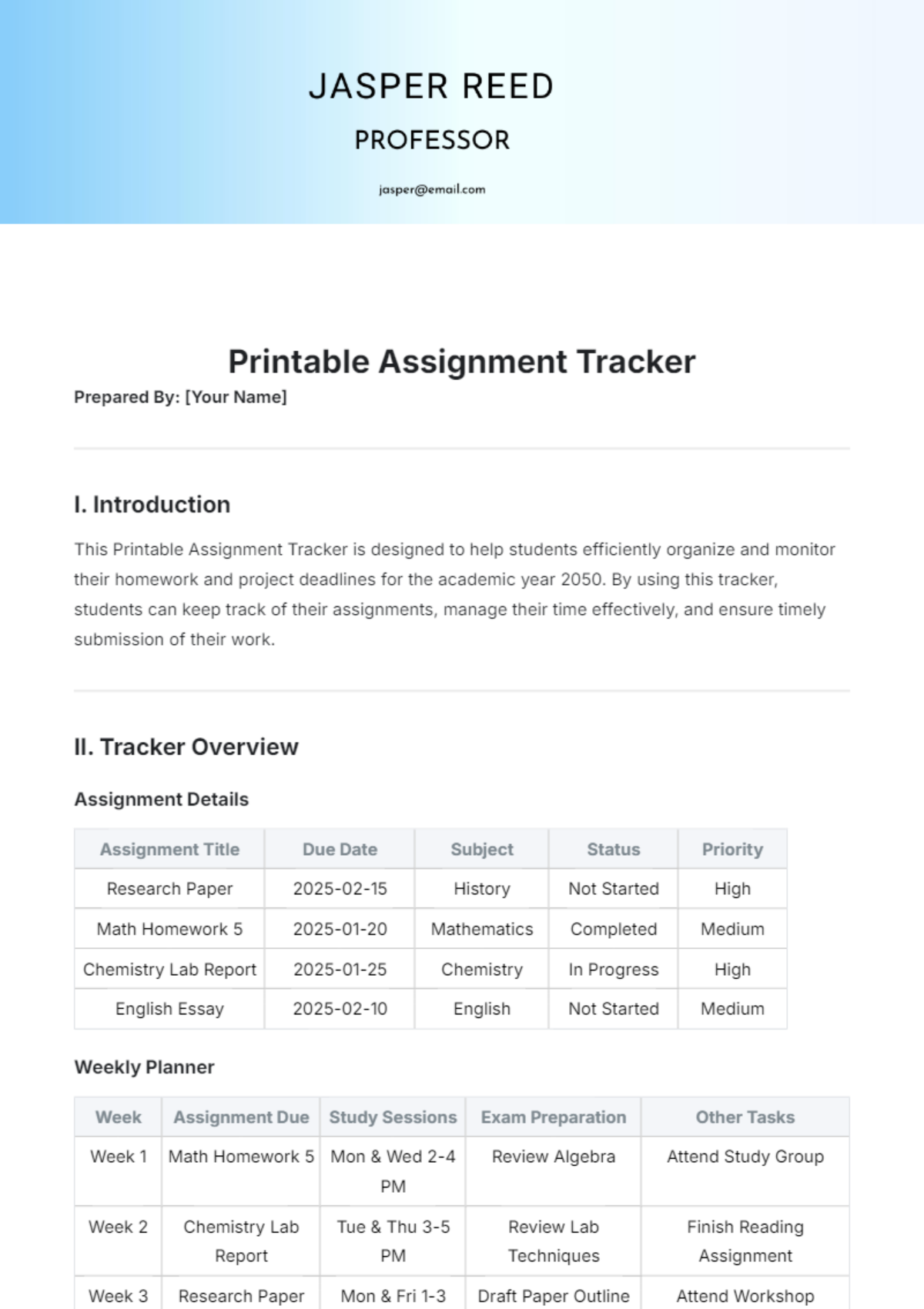 Printable Assignment Tracker Template - Edit Online & Download