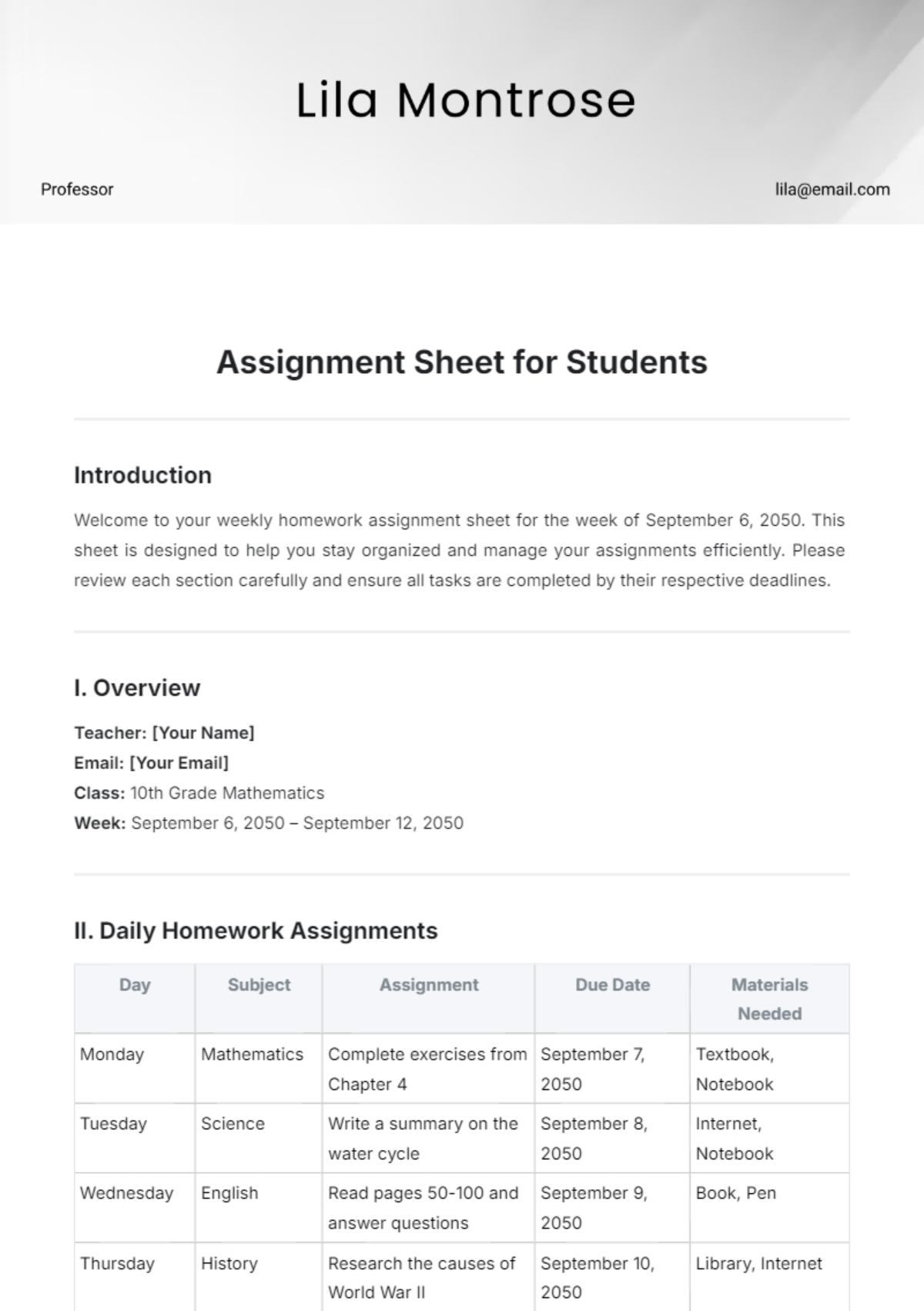 Assignment Sheet for Students Template - Edit Online & Download