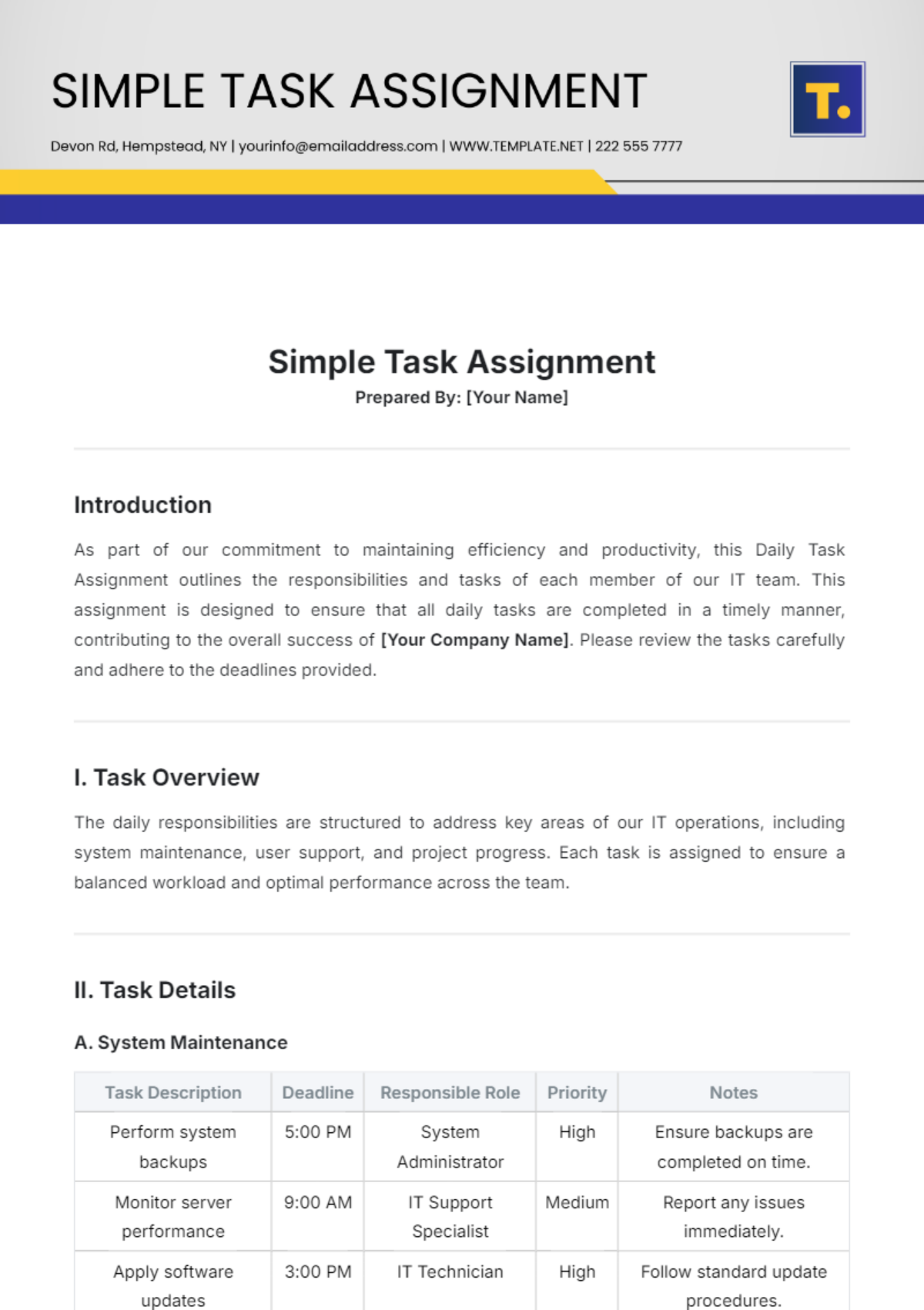 Simple Task Assignment Template - Edit Online & Download