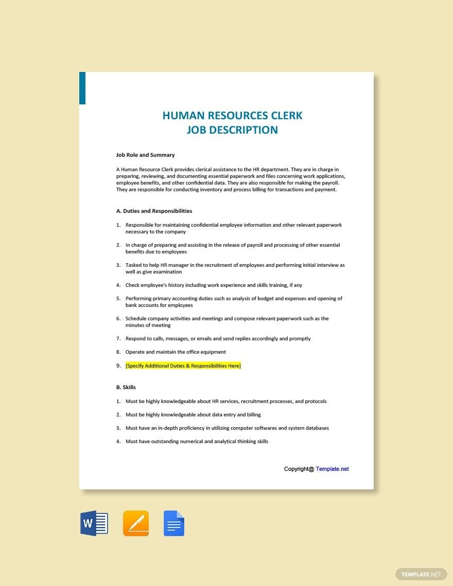 Human Resources Clerk Job Description Template