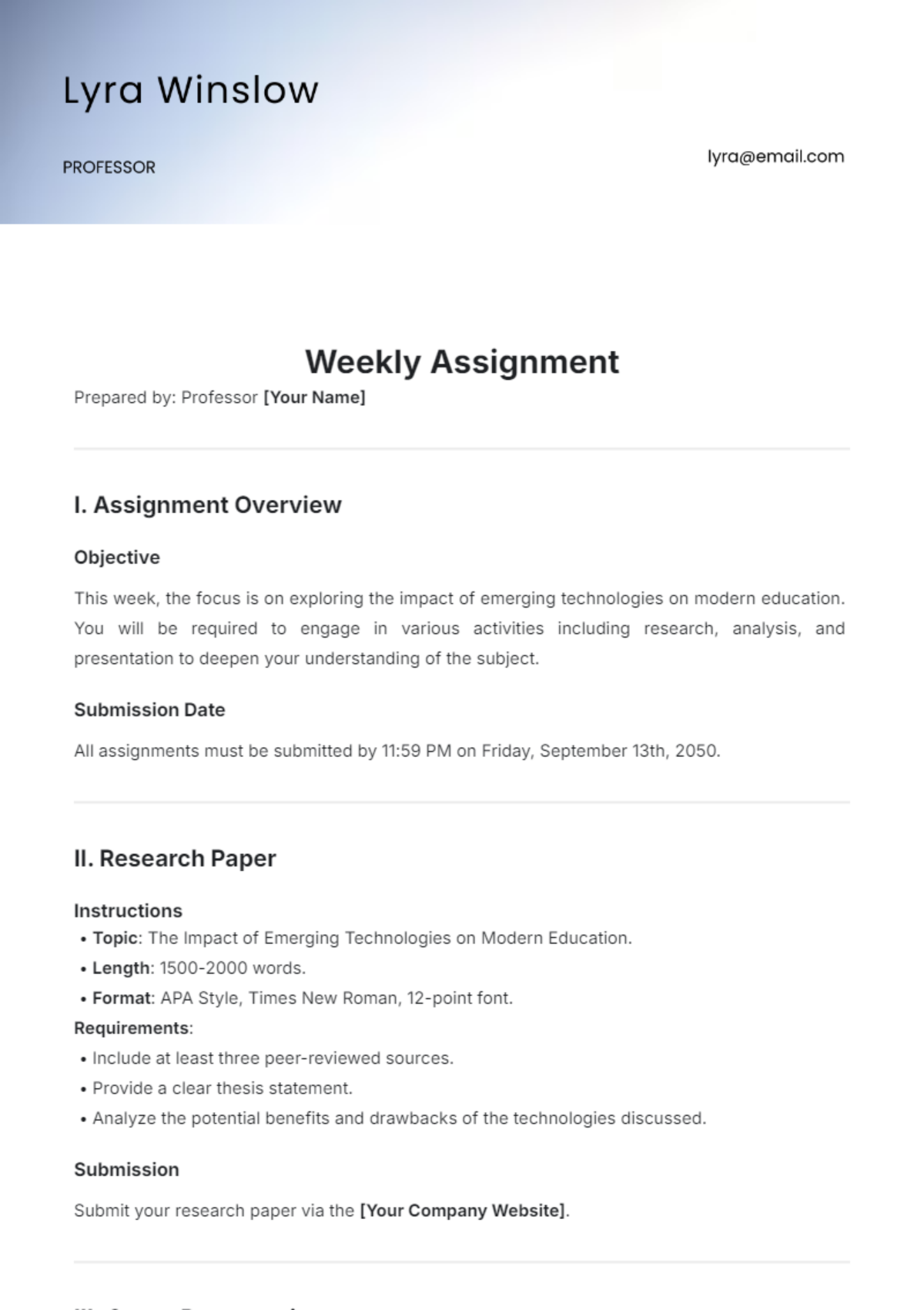 Weekly Assignment Template - Edit Online & Download