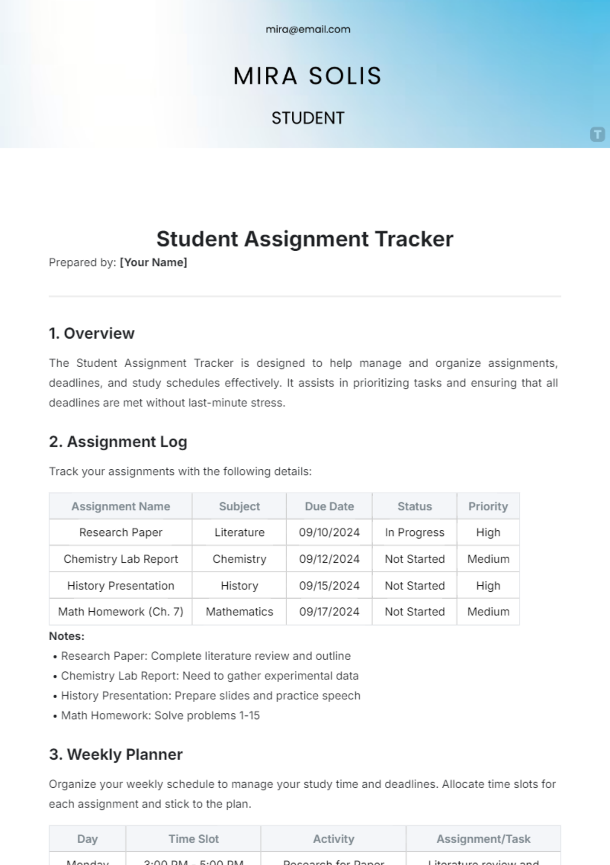 Student Assignment Tracker Template - Edit Online & Download