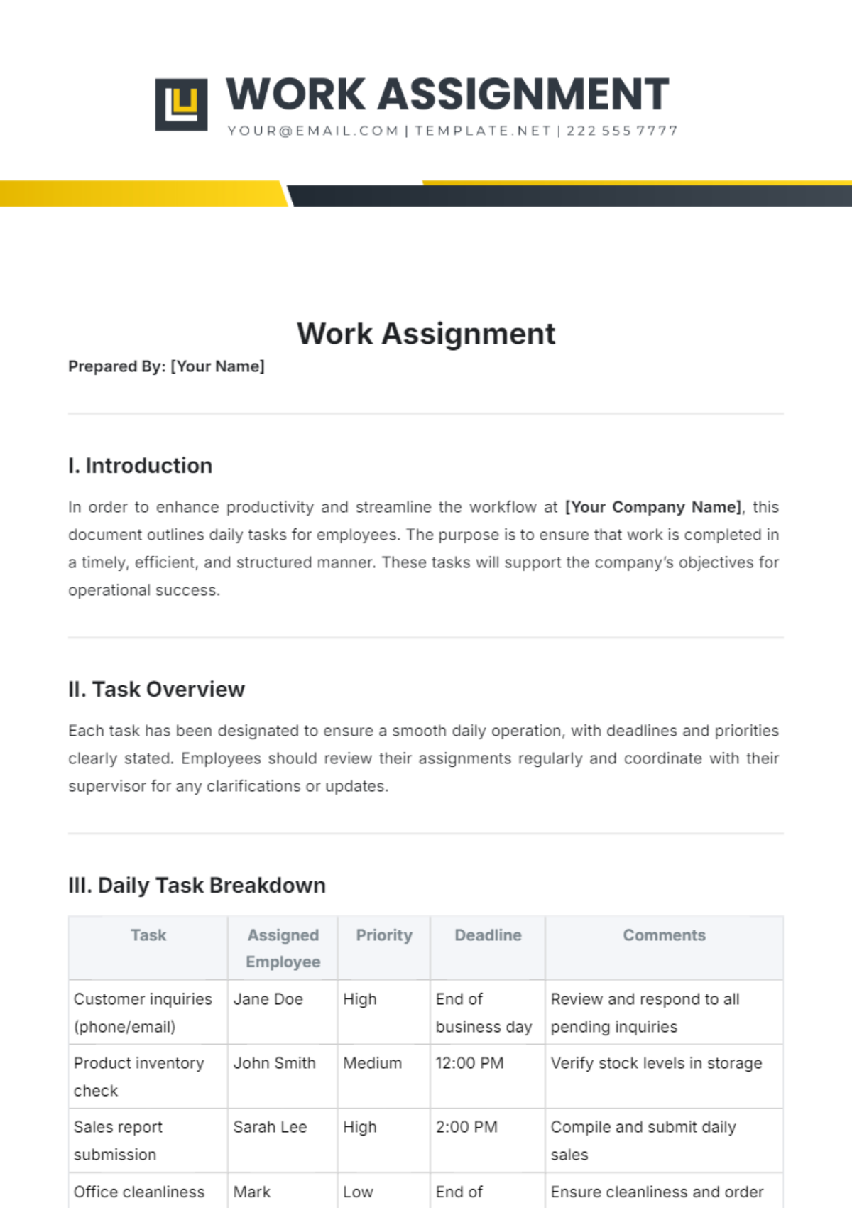 Work Assignment Template - Edit Online & Download